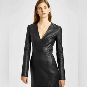 Theory Rare V-neck Mini Bristol Long Sleeve Black 100% Lamb Leather Dress, sz 0